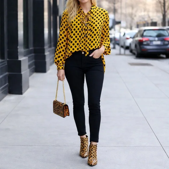 🤎 Worthington Yellow & Black Polka Dot Tie-Neck Blouse | NWT | Size M/L - Picture 2 of 9